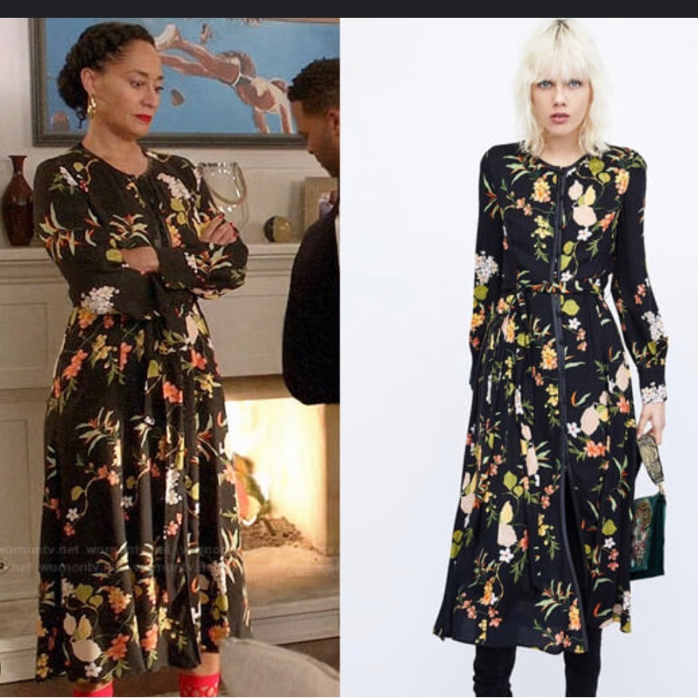 Zara Black Printed Kimono Midi Dress